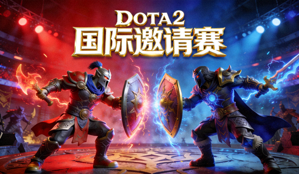 DOTA2国际邀请赛直播封面，虚拟竞技场景中天辉夜魇英雄模型持盾对峙