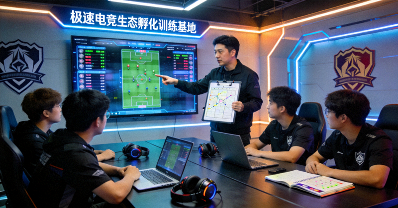 极速电竞生态孵化所属的训练基地，选手正在教练团队陪同下进行战术复盘